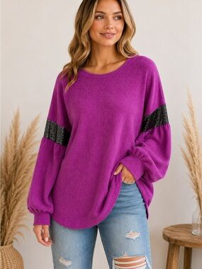 White Birch Magenta Sequin Balloon Sleeve Top XL